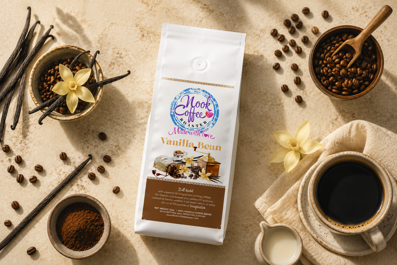 Nook Coffee subscription bag with cinnamon and vanilla